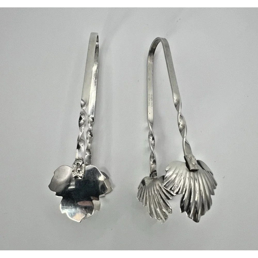 Vintage Raimond Sterling Silver Sugar Tongs Maple Leaf Pair 2 Twisted  Bon Bons